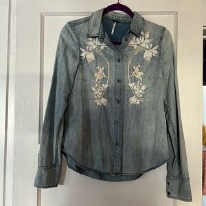 Free People floral embroidered denim shirt